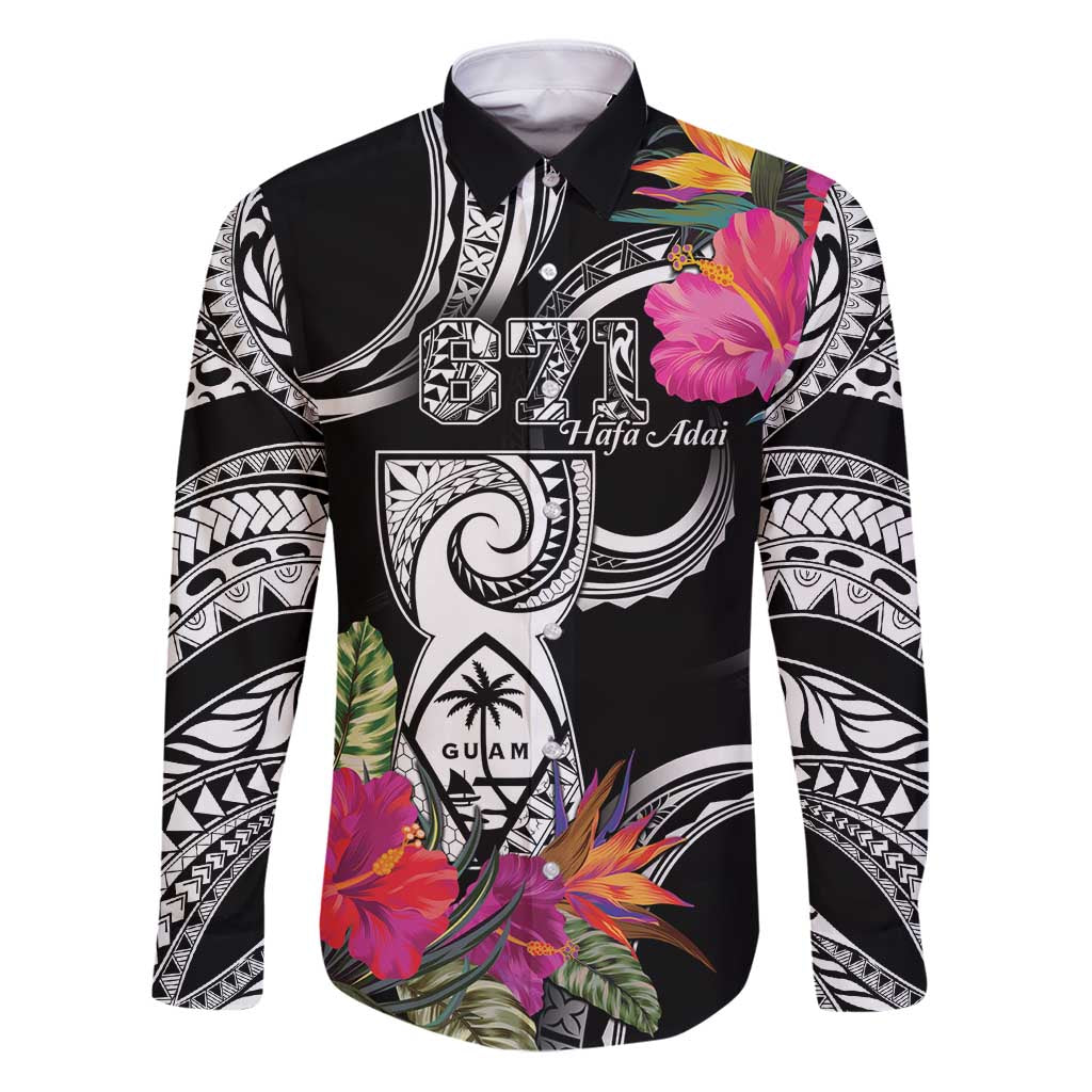 Hafa Adai Guam Family Matching Puletasi and Hawaiian Shirt Polynesian Tattoo Tropical Flowers LT05 Dad's Shirt - Long Sleeve Black - Polynesian Pride