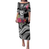 Hafa Adai Guam Family Matching Puletasi and Hawaiian Shirt Polynesian Tattoo Tropical Flowers LT05 Mom's Dress Black - Polynesian Pride