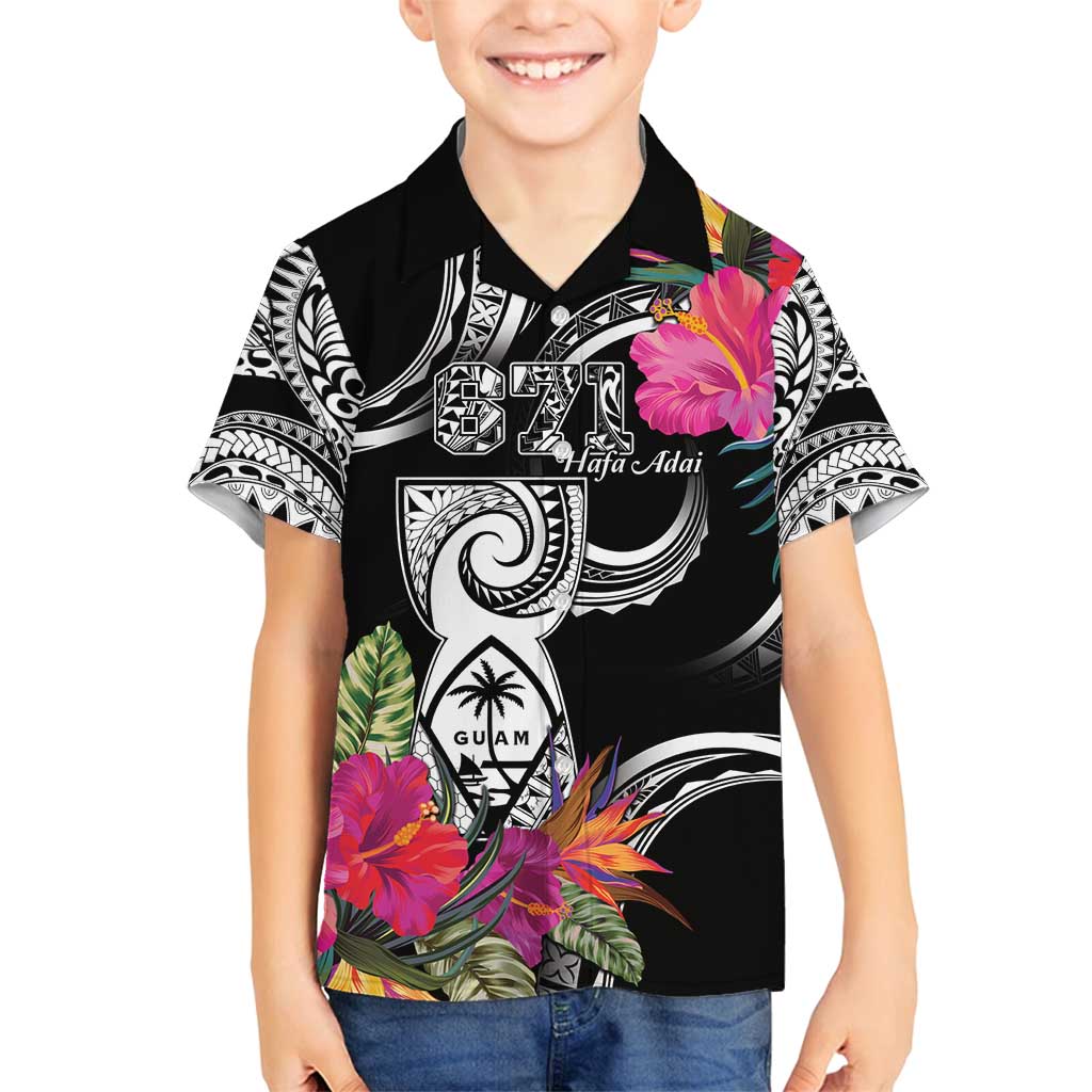 Hafa Adai Guam Family Matching Puletasi and Hawaiian Shirt Polynesian Tattoo Tropical Flowers LT05 Son's Shirt Black - Polynesian Pride