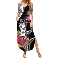Hafa Adai Guam Family Matching Summer Maxi Dress and Hawaiian Shirt Polynesian Tattoo Tropical Flowers LT05 Mom's Dress Black - Polynesian Pride