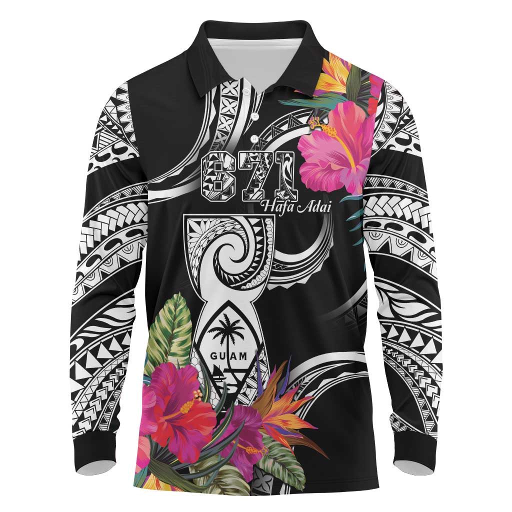 Hafa Adai Guam Long Sleeve Polo Shirt Polynesian Tattoo Tropical Flowers LT05 Black - Polynesian Pride
