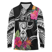 Hafa Adai Guam Long Sleeve Polo Shirt Polynesian Tattoo Tropical Flowers LT05 Black - Polynesian Pride