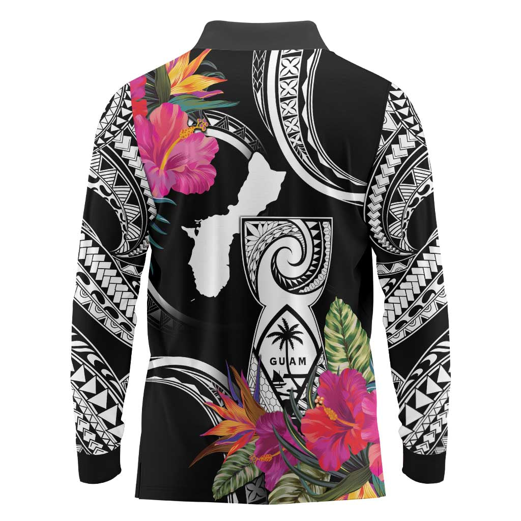 Hafa Adai Guam Long Sleeve Polo Shirt Polynesian Tattoo Tropical Flowers LT05 - Polynesian Pride