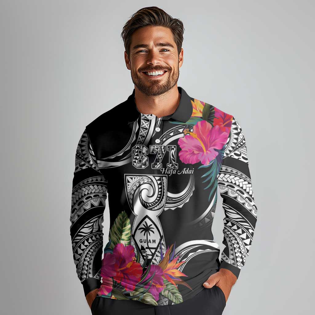 Hafa Adai Guam Long Sleeve Polo Shirt Polynesian Tattoo Tropical Flowers LT05 - Polynesian Pride