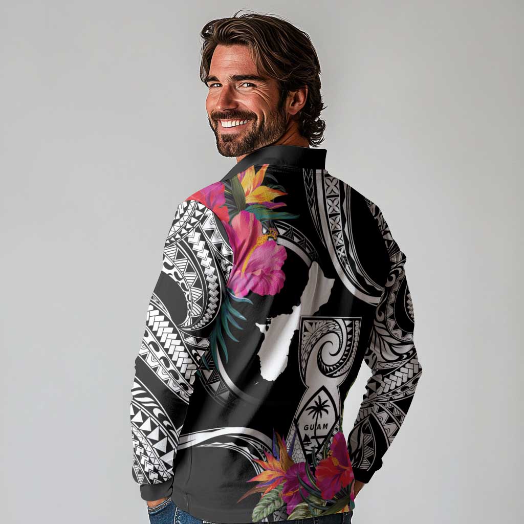 Hafa Adai Guam Long Sleeve Polo Shirt Polynesian Tattoo Tropical Flowers LT05 - Polynesian Pride