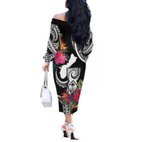Hafa Adai Guam Off The Shoulder Long Sleeve Dress Polynesian Tattoo Tropical Flowers