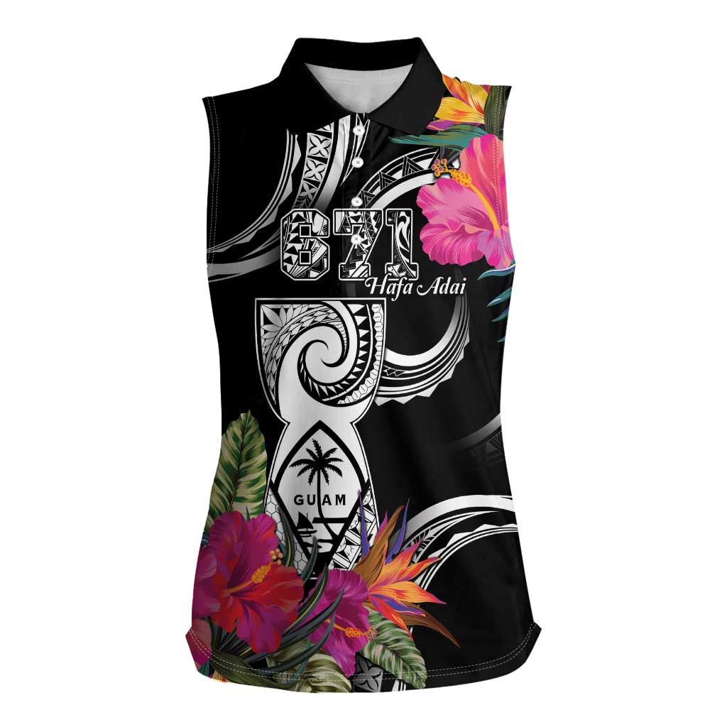 Hafa Adai Guam Women Sleeveless Polo Shirt Polynesian Tattoo Tropical Flowers LT05 Female Black - Polynesian Pride