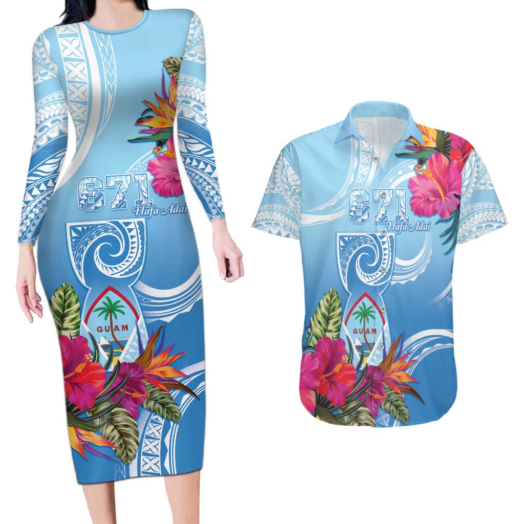 Hafa Adai Guam Couples Matching Long Sleeve Bodycon Dress and Hawaiian Shirt Tropical Flowers Blue Gradient LT05 Blue - Polynesian Pride