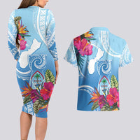 Hafa Adai Guam Couples Matching Long Sleeve Bodycon Dress and Hawaiian Shirt Tropical Flowers Blue Gradient LT05 - Polynesian Pride