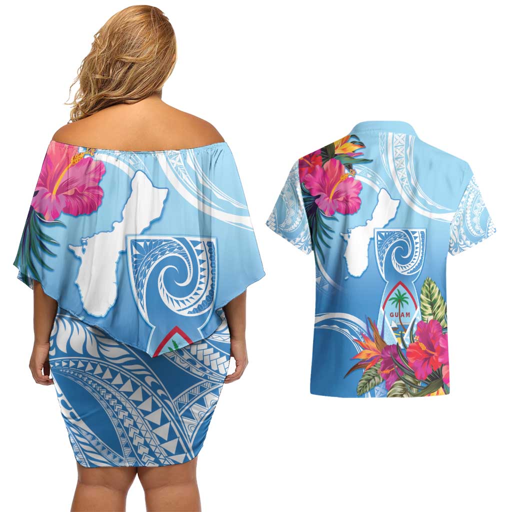 Hafa Adai Guam Couples Matching Off Shoulder Short Dress and Hawaiian Shirt Tropical Flowers Blue Gradient