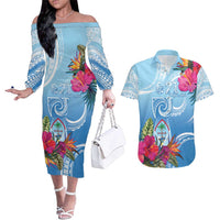 Hafa Adai Guam Couples Matching Off The Shoulder Long Sleeve Dress and Hawaiian Shirt Tropical Flowers Blue Gradient LT05 Blue - Polynesian Pride