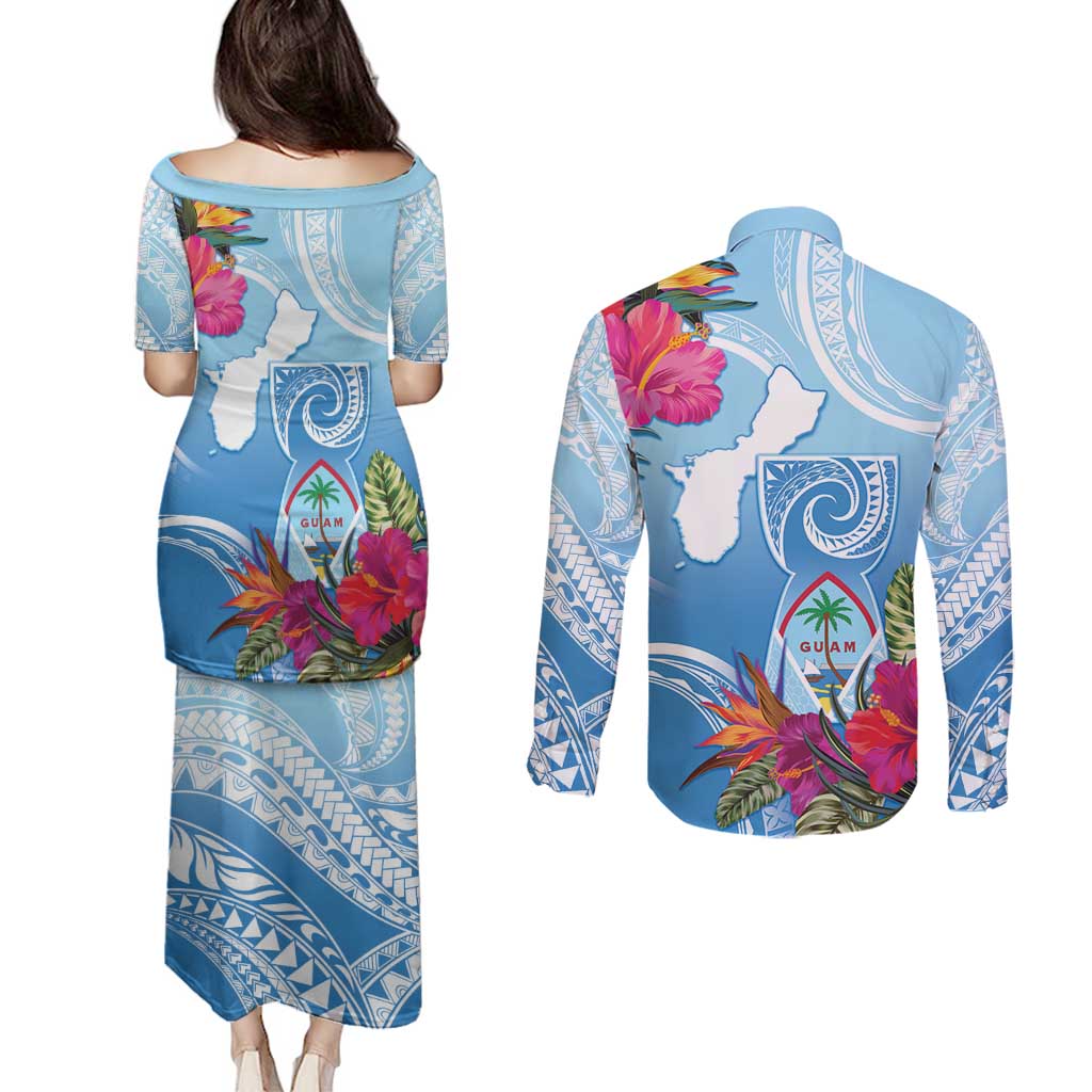 Hafa Adai Guam Couples Matching Puletasi and Long Sleeve Button Shirt Tropical Flowers Blue Gradient LT05 - Polynesian Pride