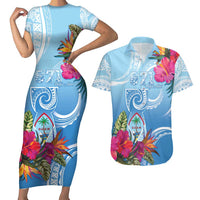Hafa Adai Guam Couples Matching Short Sleeve Bodycon Dress and Hawaiian Shirt Tropical Flowers Blue Gradient LT05 Blue - Polynesian Pride