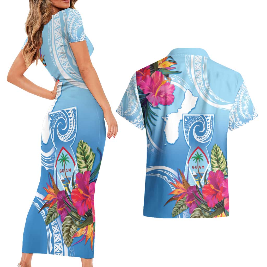 Hafa Adai Guam Couples Matching Short Sleeve Bodycon Dress and Hawaiian Shirt Tropical Flowers Blue Gradient LT05 - Polynesian Pride