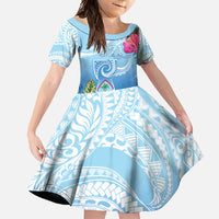 Hafa Adai Guam Family Matching Long Sleeve Bodycon Dress and Hawaiian Shirt Tropical Flowers Blue Gradient LT05 Daughter's Dress Blue - Polynesian Pride
