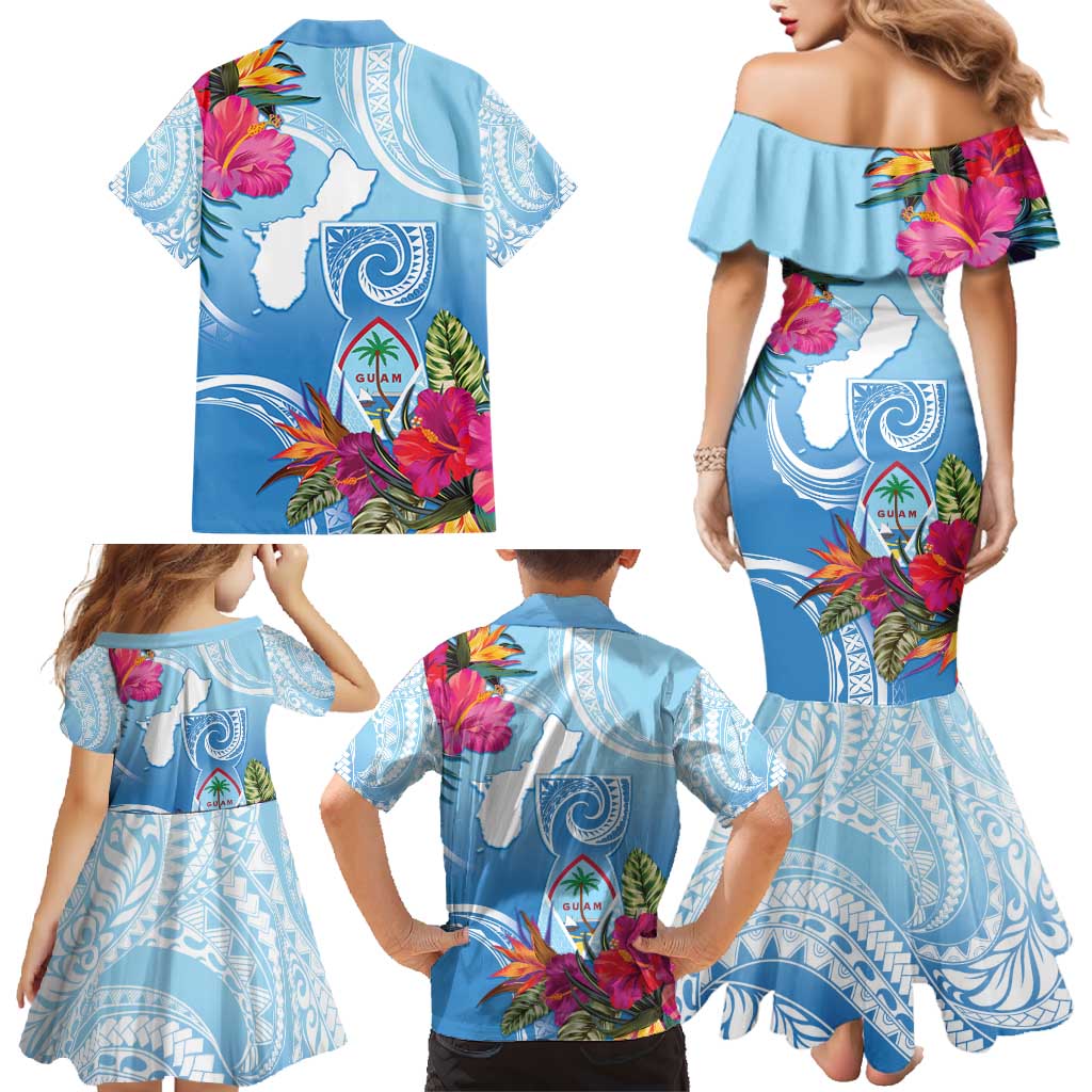 Hafa Adai Guam Family Matching Mermaid Dress and Hawaiian Shirt Tropical Flowers Blue Gradient LT05 - Polynesian Pride
