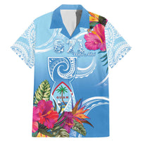 Hafa Adai Guam Family Matching Mermaid Dress and Hawaiian Shirt Tropical Flowers Blue Gradient LT05 Dad's Shirt - Short Sleeve Blue - Polynesian Pride