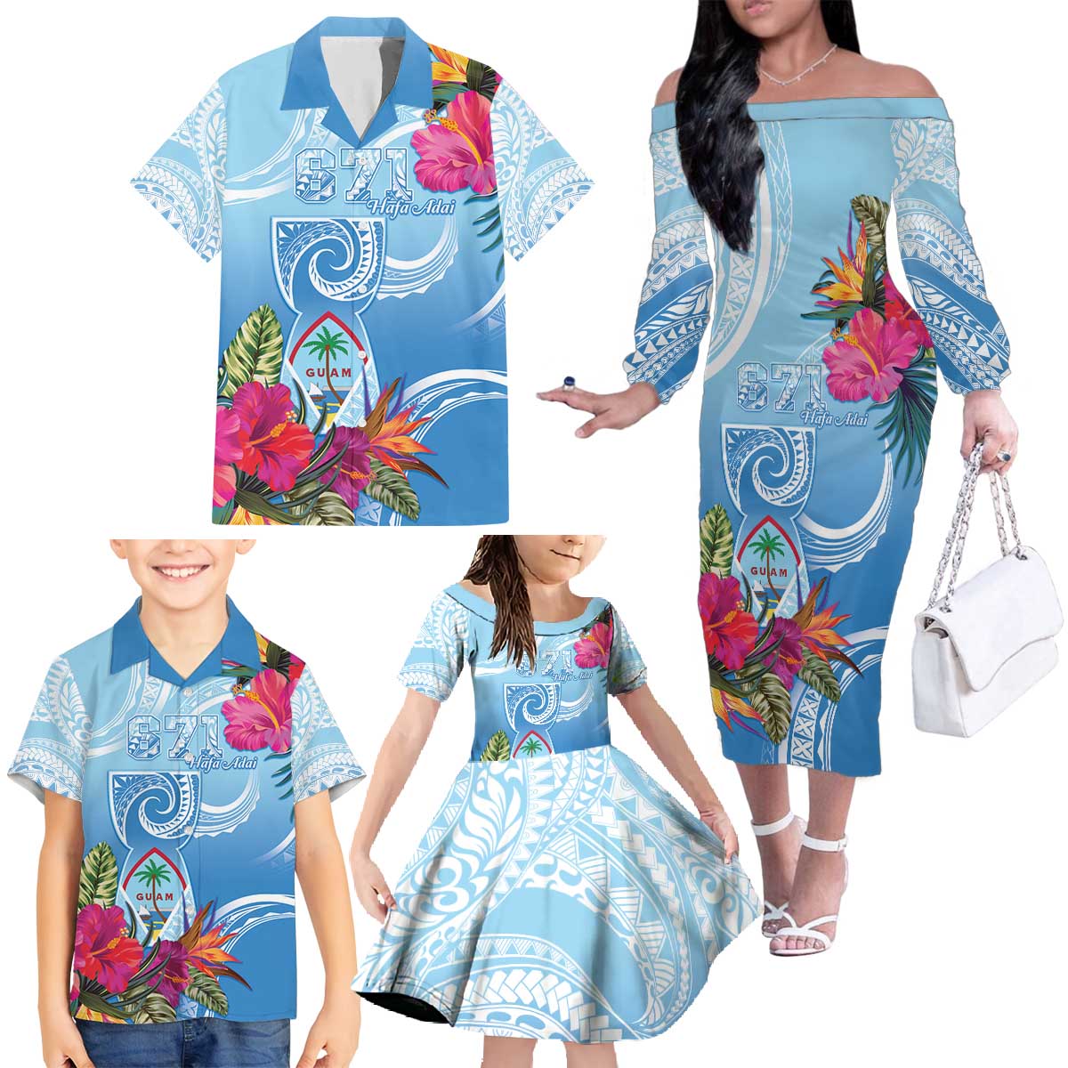 Hafa Adai Guam Family Matching Off The Shoulder Long Sleeve Dress and Hawaiian Shirt Tropical Flowers Blue Gradient LT05 - Polynesian Pride