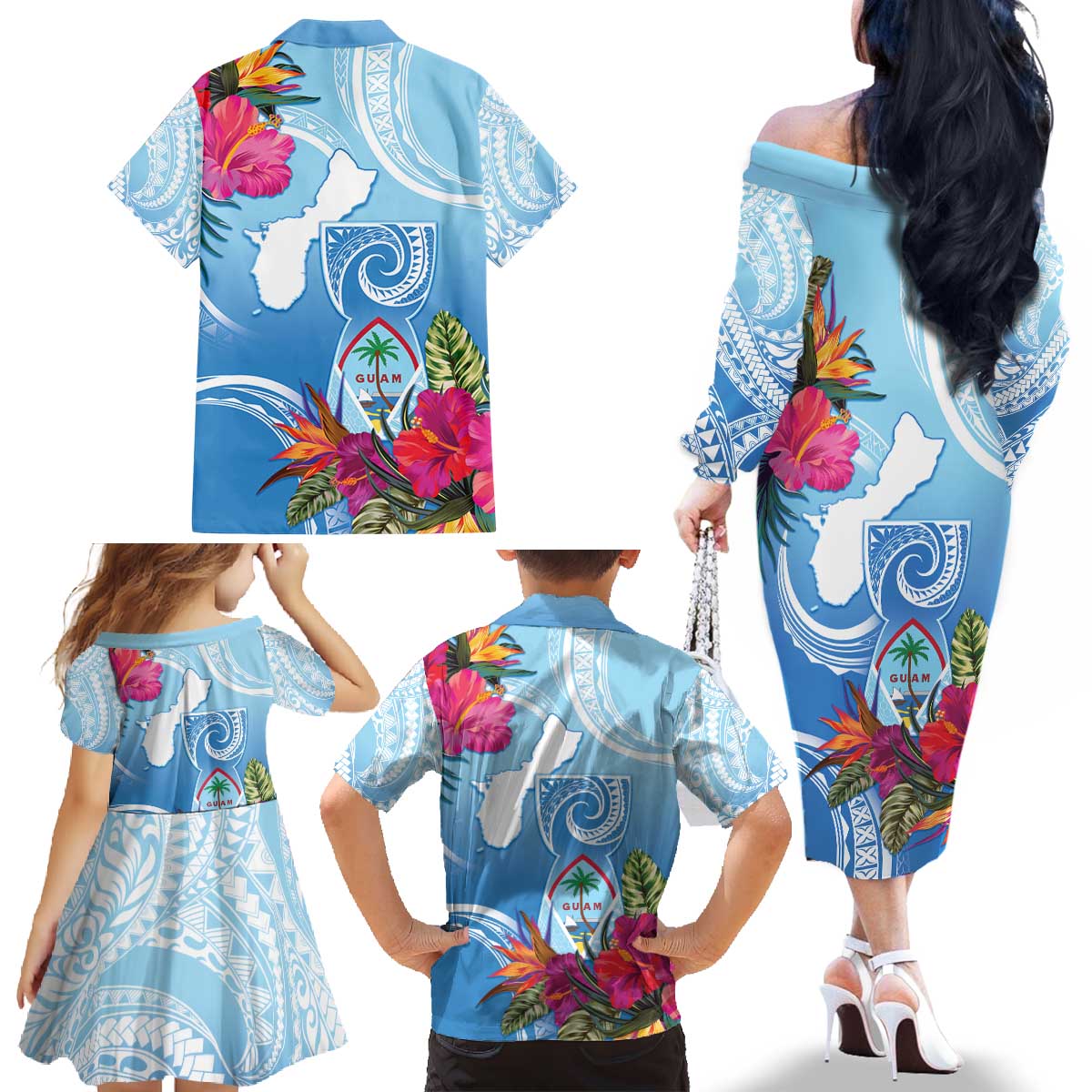 Hafa Adai Guam Family Matching Off The Shoulder Long Sleeve Dress and Hawaiian Shirt Tropical Flowers Blue Gradient LT05 - Polynesian Pride