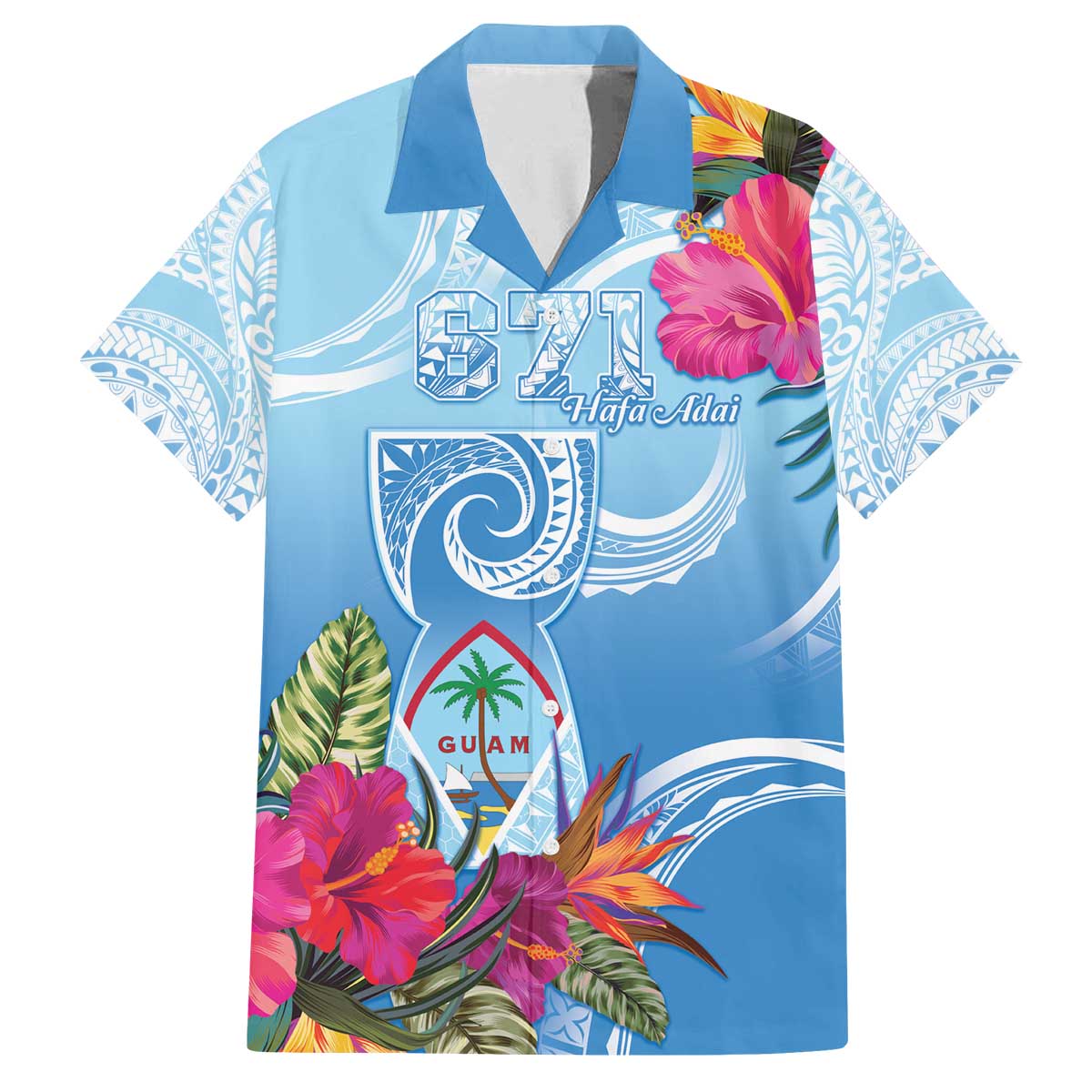 Hafa Adai Guam Family Matching Off The Shoulder Long Sleeve Dress and Hawaiian Shirt Tropical Flowers Blue Gradient LT05 Dad's Shirt - Short Sleeve Blue - Polynesian Pride