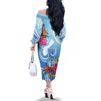 Hafa Adai Guam Family Matching Off The Shoulder Long Sleeve Dress and Hawaiian Shirt Tropical Flowers Blue Gradient LT05 - Polynesian Pride