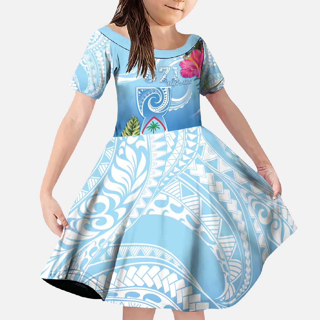 Hafa Adai Guam Family Matching Off Shoulder Maxi Dress and Hawaiian Shirt Tropical Flowers Blue Gradient LT05 Daughter's Dress Blue - Polynesian Pride