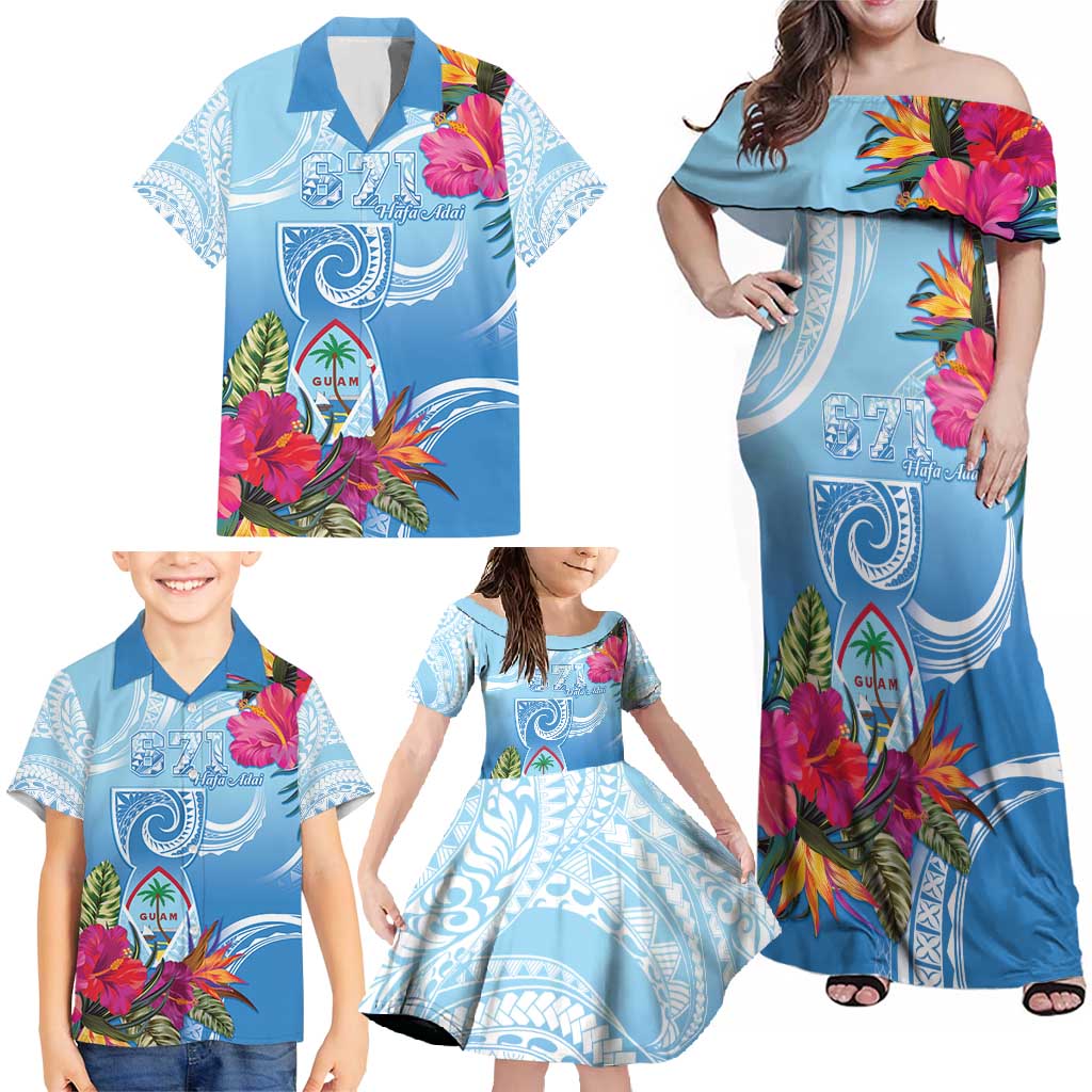 Hafa Adai Guam Family Matching Off Shoulder Maxi Dress and Hawaiian Shirt Tropical Flowers Blue Gradient LT05 - Polynesian Pride