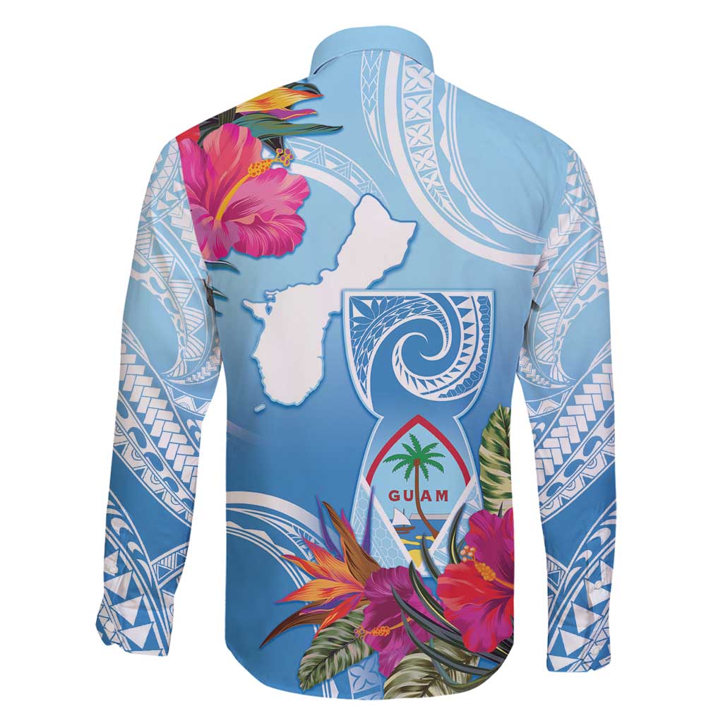 Hafa Adai Guam Family Matching Off Shoulder Maxi Dress and Hawaiian Shirt Tropical Flowers Blue Gradient LT05 - Polynesian Pride