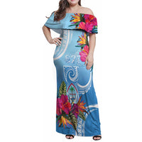 Hafa Adai Guam Family Matching Off Shoulder Maxi Dress and Hawaiian Shirt Tropical Flowers Blue Gradient LT05 Mom's Dress Blue - Polynesian Pride
