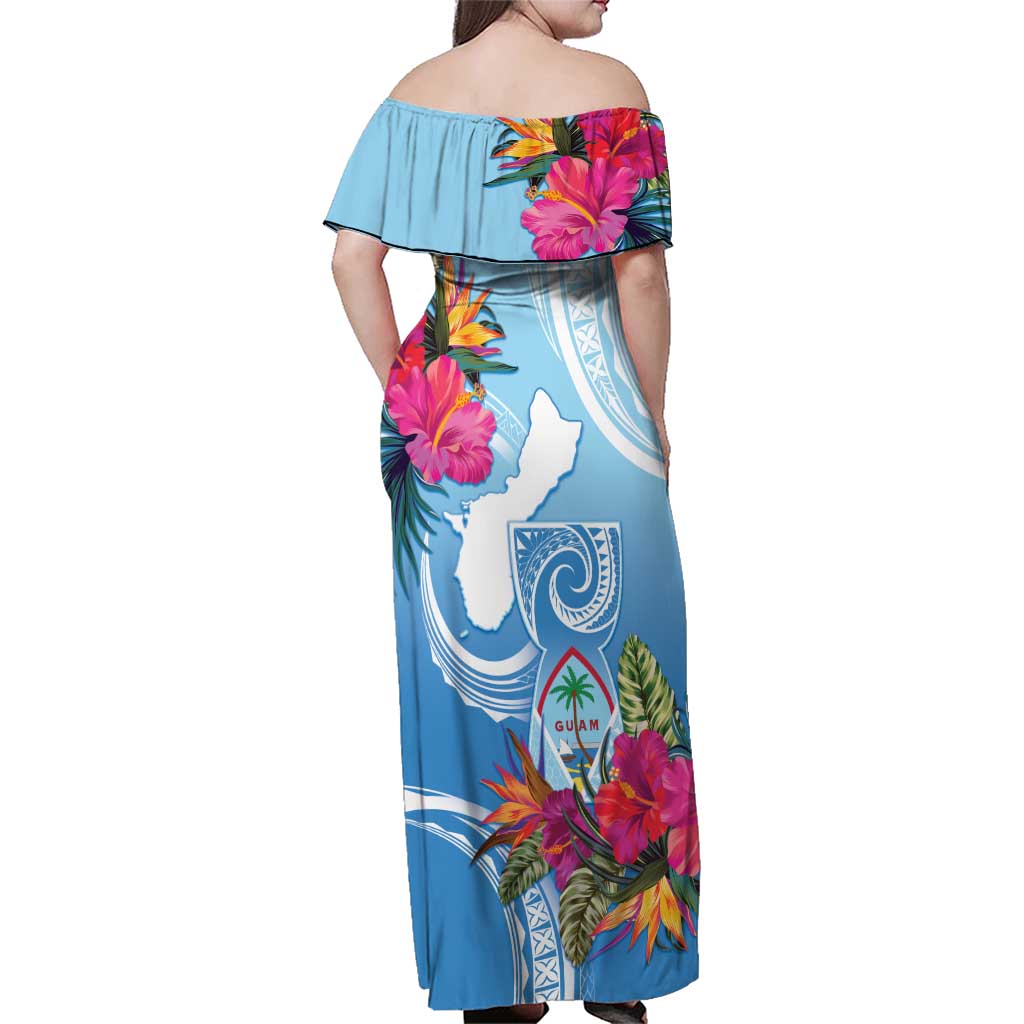 Hafa Adai Guam Family Matching Off Shoulder Maxi Dress and Hawaiian Shirt Tropical Flowers Blue Gradient LT05 - Polynesian Pride