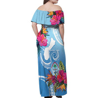 Hafa Adai Guam Family Matching Off Shoulder Maxi Dress and Hawaiian Shirt Tropical Flowers Blue Gradient LT05 - Polynesian Pride