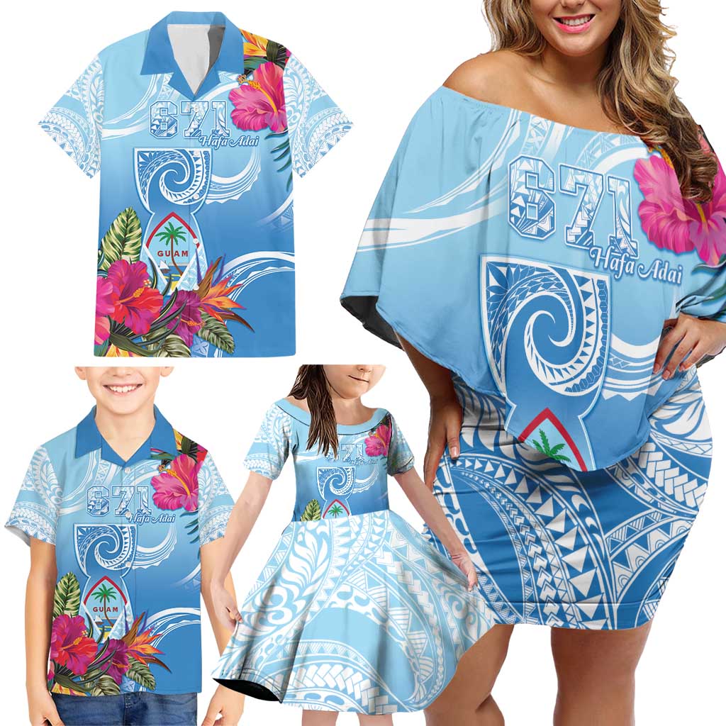 Hafa Adai Guam Family Matching Off Shoulder Short Dress and Hawaiian Shirt Tropical Flowers Blue Gradient LT05 - Polynesian Pride