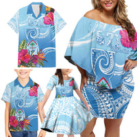 Hafa Adai Guam Family Matching Off Shoulder Short Dress and Hawaiian Shirt Tropical Flowers Blue Gradient LT05 - Polynesian Pride