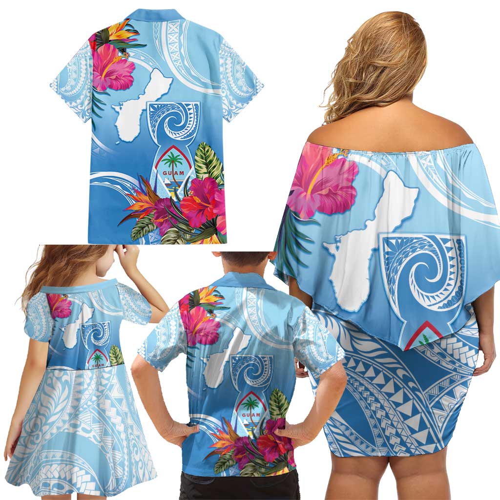 Hafa Adai Guam Family Matching Off Shoulder Short Dress and Hawaiian Shirt Tropical Flowers Blue Gradient LT05 - Polynesian Pride