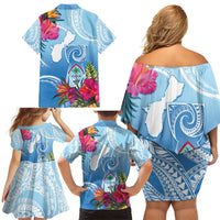 Hafa Adai Guam Family Matching Off Shoulder Short Dress and Hawaiian Shirt Tropical Flowers Blue Gradient LT05 - Polynesian Pride