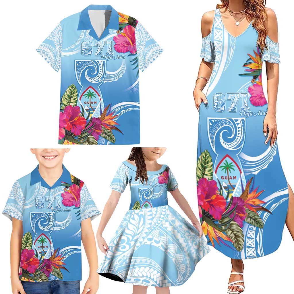 Hafa Adai Guam Family Matching Summer Maxi Dress and Hawaiian Shirt Tropical Flowers Blue Gradient LT05 - Polynesian Pride