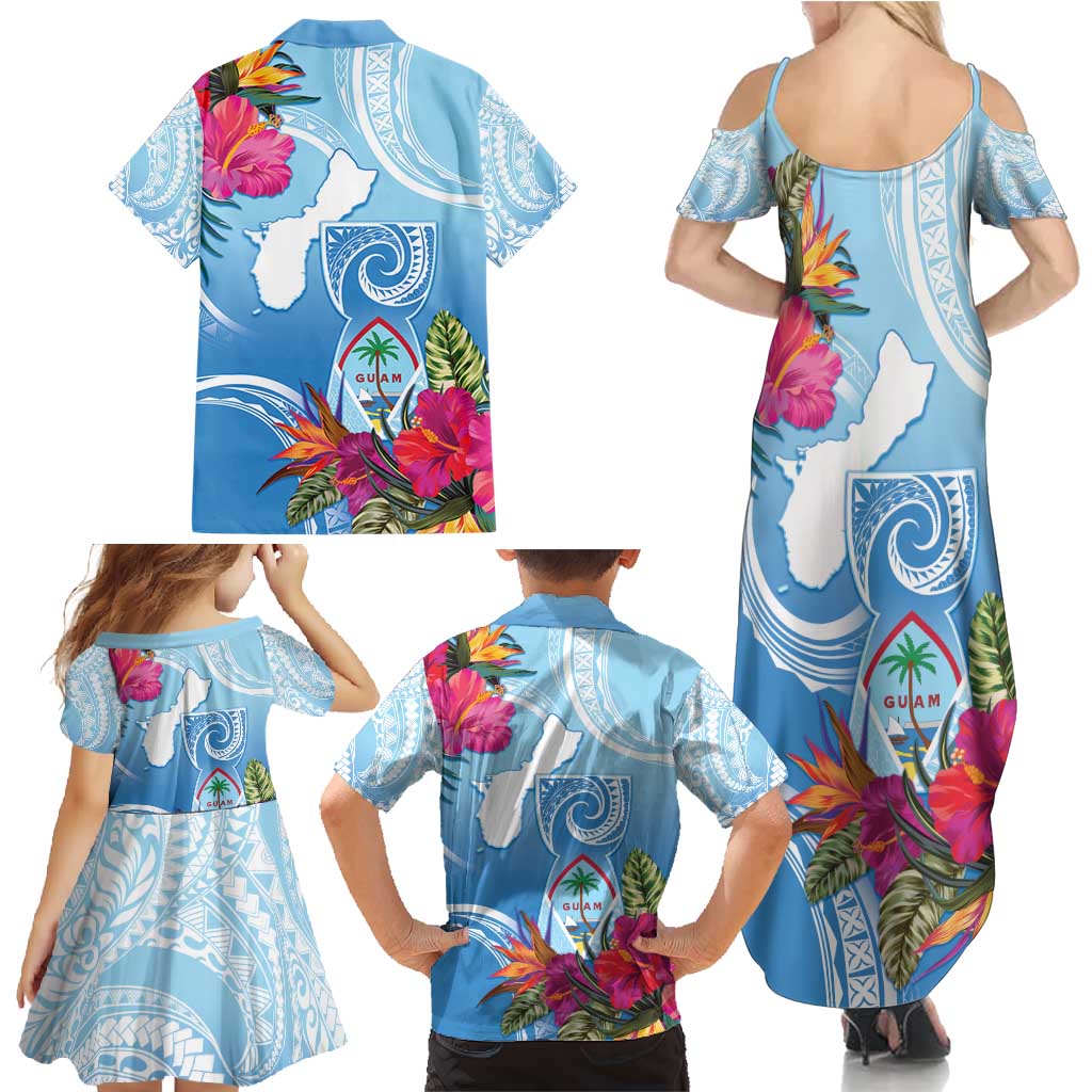 Hafa Adai Guam Family Matching Summer Maxi Dress and Hawaiian Shirt Tropical Flowers Blue Gradient LT05 - Polynesian Pride
