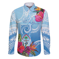 Hafa Adai Guam Family Matching Summer Maxi Dress and Hawaiian Shirt Tropical Flowers Blue Gradient LT05 Dad's Shirt - Long Sleeve Blue - Polynesian Pride
