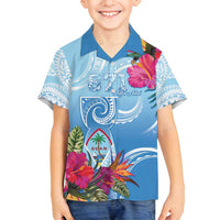 Hafa Adai Guam Family Matching Summer Maxi Dress and Hawaiian Shirt Tropical Flowers Blue Gradient LT05 Son's Shirt Blue - Polynesian Pride