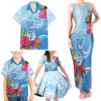 Hafa Adai Guam Family Matching Tank Maxi Dress and Hawaiian Shirt Tropical Flowers Blue Gradient LT05 - Polynesian Pride