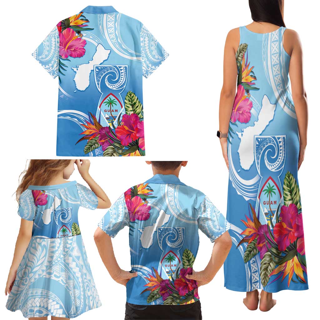 Hafa Adai Guam Family Matching Tank Maxi Dress and Hawaiian Shirt Tropical Flowers Blue Gradient LT05 - Polynesian Pride