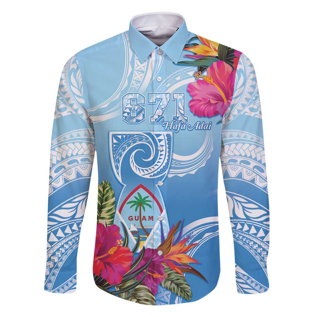 Hafa Adai Guam Family Matching Tank Maxi Dress and Hawaiian Shirt Tropical Flowers Blue Gradient LT05 Dad's Shirt - Long Sleeve Blue - Polynesian Pride