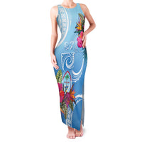 Hafa Adai Guam Family Matching Tank Maxi Dress and Hawaiian Shirt Tropical Flowers Blue Gradient LT05 Mom's Dress Blue - Polynesian Pride