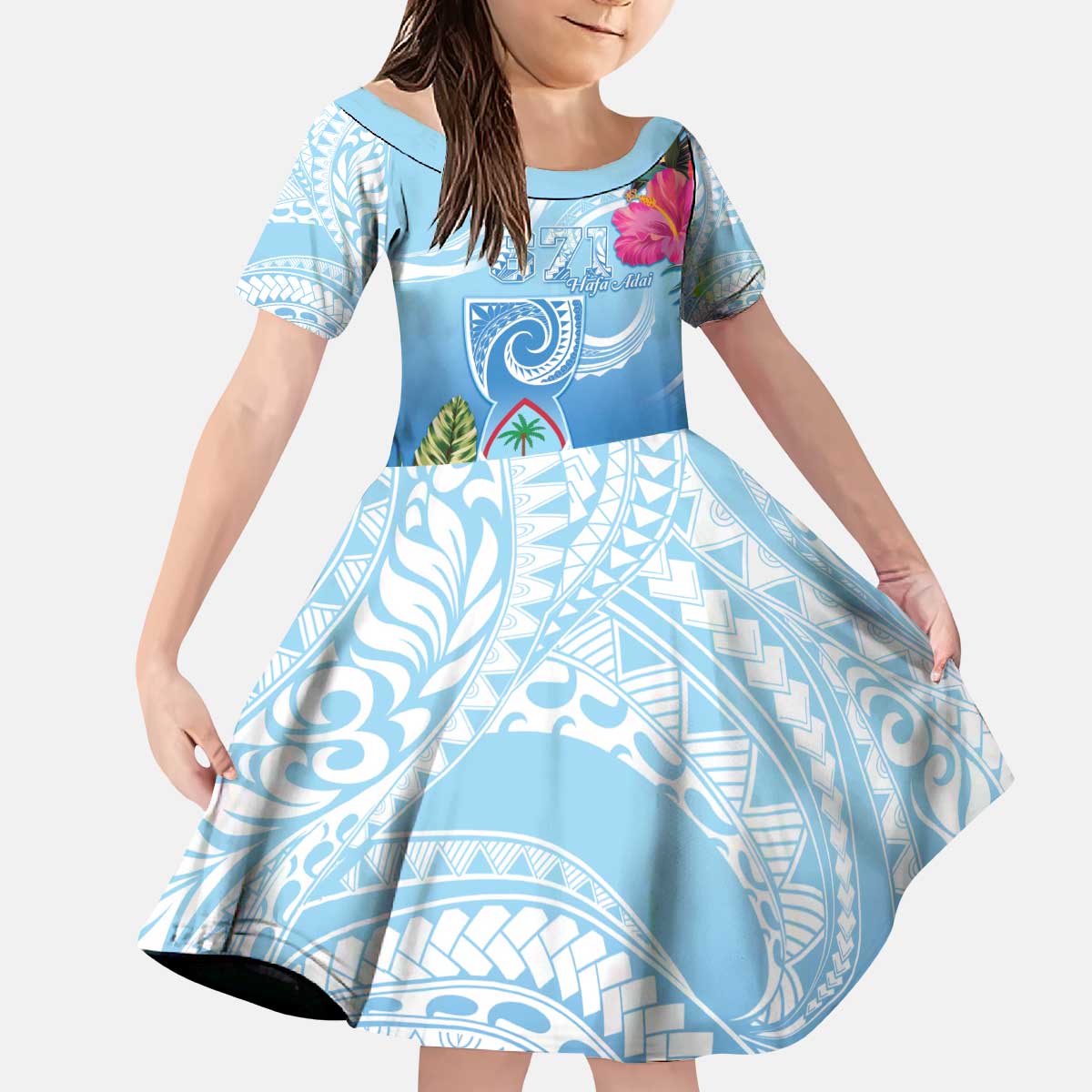 Hafa Adai Guam Kid Short Sleeve Dress Tropical Flowers Blue Gradient LT05 KID Blue - Polynesian Pride