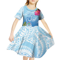 Hafa Adai Guam Kid Short Sleeve Dress Tropical Flowers Blue Gradient LT05 - Polynesian Pride