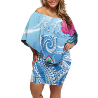 Hafa Adai Guam Off Shoulder Short Dress Tropical Flowers Blue Gradient LT05 Women Blue - Polynesian Pride
