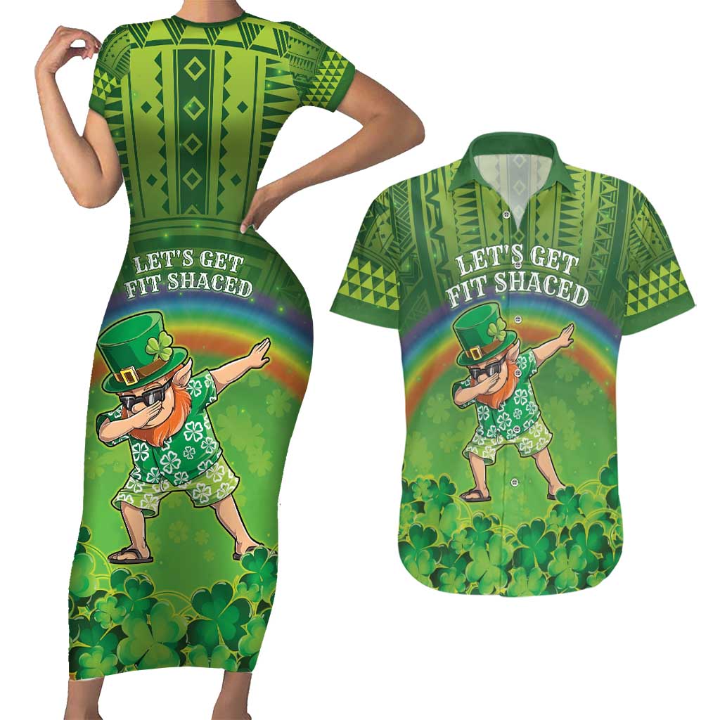 Personalised Hawaii Saint Patrick's Day Couples Matching Short Sleeve Bodycon Dress and Hawaiian Shirt Let's Get Fit Shaced