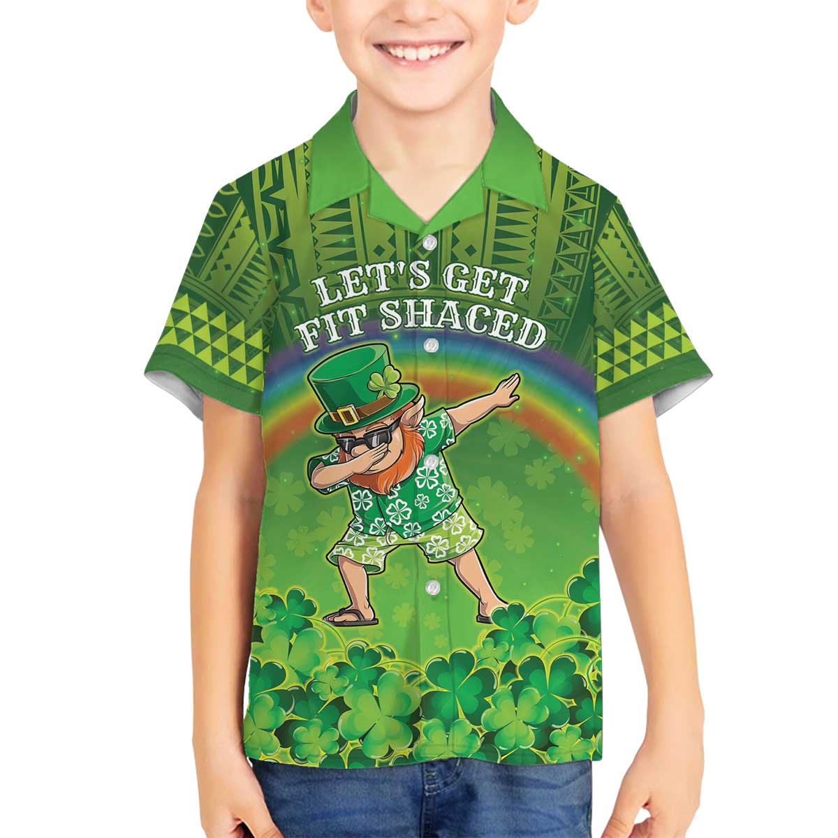 Personalised Hawaii Saint Patrick's Day Family Matching Off The Shoulder Long Sleeve Dress and Hawaiian Shirt Let's Get Fit Shaced