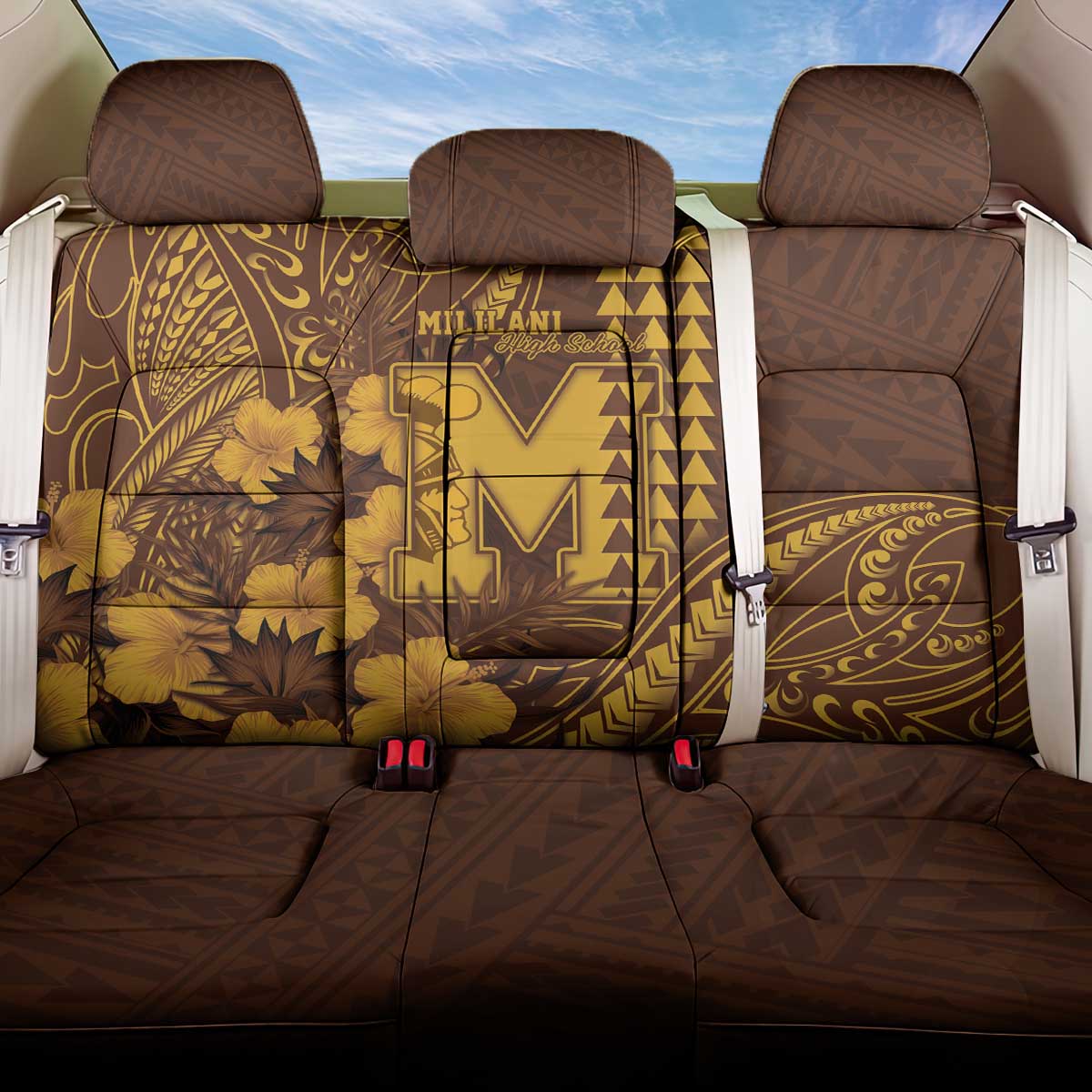 Hawaii Mililani High School Back Car Seat Cover Tribal Tattoo With Hibiscus Flowers LT05 One Size Brown - Polynesian Pride