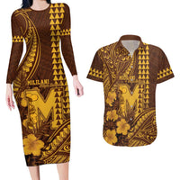 Personalised Hawaii Mililani High School Couples Matching Long Sleeve Bodycon Dress and Hawaiian Shirt Tribal Tattoo With Hibiscus Flowers LT05 Brown - Polynesian Pride
